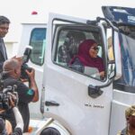 President Samia Suluhu Hassan tries out a lorry assembled at the Saturn Corporation Limited vehicle assembly plant after officially opening the facility in Dar es Salaam