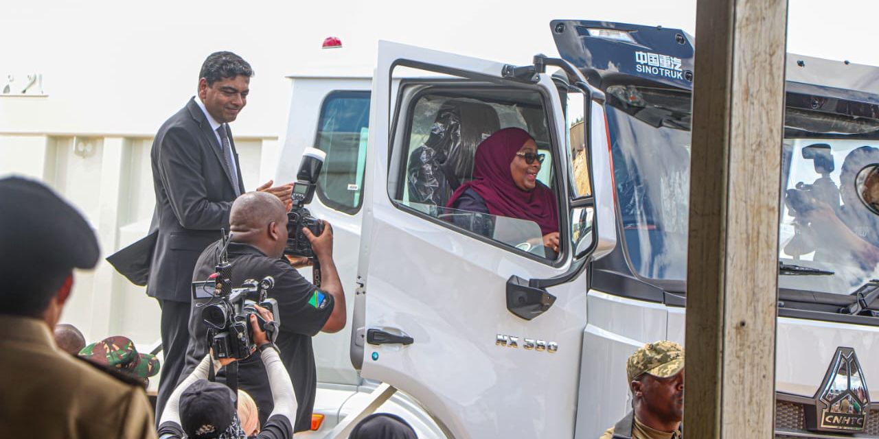 President Samia Suluhu Hassan tries out a lorry assembled at the Saturn Corporation Limited vehicle assembly plant after officially opening the facility in Dar es Salaam